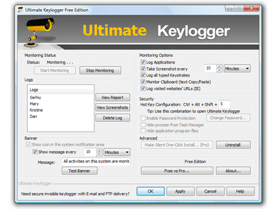 Freeware Keylogger records keyboard, passwords, clipboard, websites, sends email