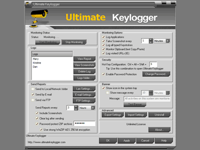 Ultimate Keylogger records keyboard, passwords, clipboard, chat, email, websites